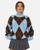 Pull Femme Motif Argyle Col Montant Coupe Oversize