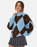 Pull Femme Motif Argyle Col Montant Coupe Oversize