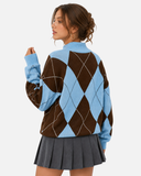 Pull Femme Motif Argyle Col Montant Coupe Oversize
