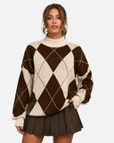 Pull Femme Motif Argyle Col Montant Coupe Oversize