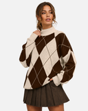 Pull Femme Motif Argyle Col Montant Coupe Oversize