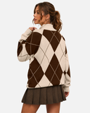 Pull Femme Motif Argyle Col Montant Coupe Oversize