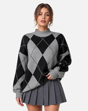 Pull Femme Motif Argyle Col Montant Coupe Oversize