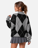 Pull Femme Motif Argyle Col Montant Coupe Oversize