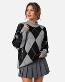 Pull Femme Motif Argyle Col Montant Coupe Oversize