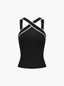 Top Femme Noir Tissu Tricot Premium Confort Ajusté Croisé