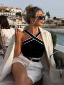 Top Femme Noir Tissu Tricot Premium Confort Ajusté Croisé