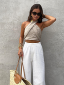 Haut Halter en Mélange de Lin pour Femme Élégant Croisé Coupe Régulière