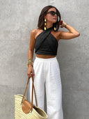 Haut Halter en Mélange de Lin pour Femme Élégant Croisé Coupe Régulière