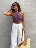 Haut Halter en Mélange de Lin pour Femme Élégant Croisé Coupe Régulière