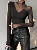 T-shirt Élégant Asymétrique à Manches Longues Élastique Col Montant