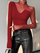 T-shirt Élégant Asymétrique à Manches Longues Élastique Col Montant