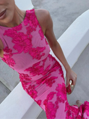 Robe Maxi Femme Tulle avec Appliques Florales Rose Silhouette Bodycon