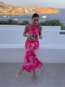 Robe Maxi Femme Tulle avec Appliques Florales Rose Silhouette Bodycon