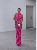 Robe Maxi Femme Tulle avec Appliques Florales Rose Silhouette Bodycon