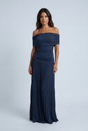 Navy robe longue épaules dénudées plissée front