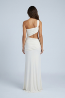 White robe longue asymétrique drapée découpe back