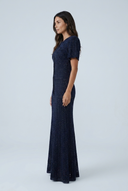 Navy robe longue maille ajourée pailletée manches ballon side