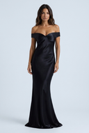 Black robe de soirée satin épaules dénudées sirène front