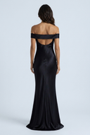 Black robe de soirée satin épaules dénudées sirène back
