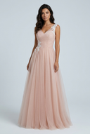 Blush Pink robe demoiselle honneur tulle ligne a dentelle col v front