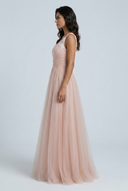 Blush Pink robe demoiselle honneur tulle ligne a dentelle col v side