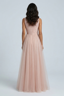 Blush Pink robe demoiselle honneur tulle ligne a dentelle col v back