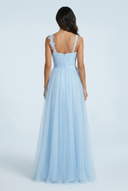 Light Blue robe demoiselle honneur tulle ligne a dentelle col v back