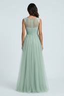 Sage Green robe demoiselle honneur tulle ligne a dentelle col v back