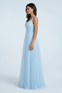 Light Blue robe demoiselle honneur tulle ligne a dentelle col v side