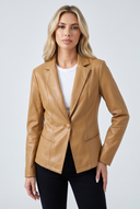 Veste cuir blazer camel poches passepoilees gros plan