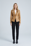 Veste cuir blazer camel col crante un bouton vue de face