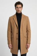 William men's wool overcoat in camel, closeup view
