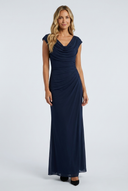 Robe longue col benitier bleu marine coupe colonne vue de face